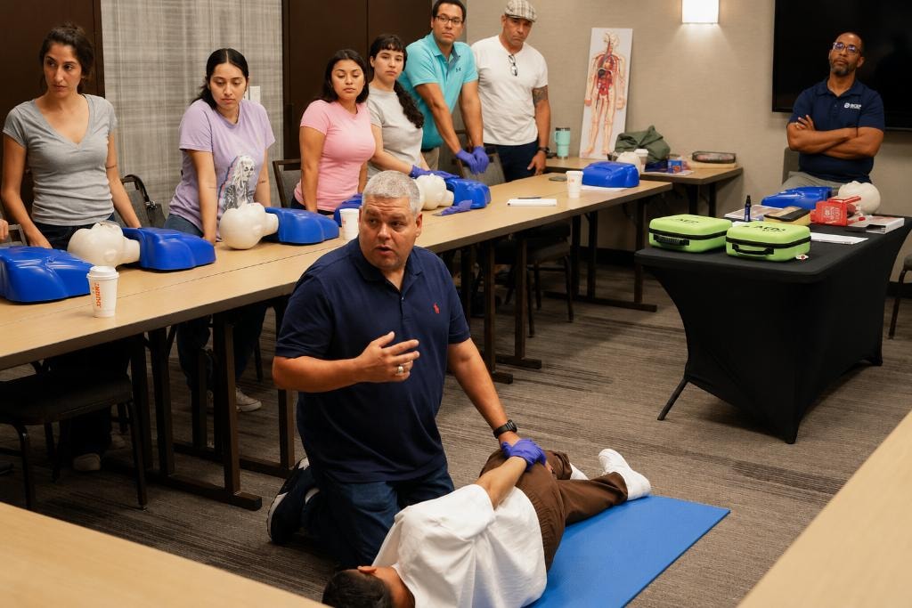 Paul Lopez instructing a CPR class with students and AED equipment