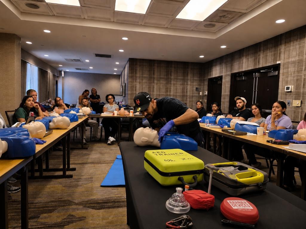 BCEP CPR and AED training class in session — instructor demonstrating compressions with students and AED trainer equipment